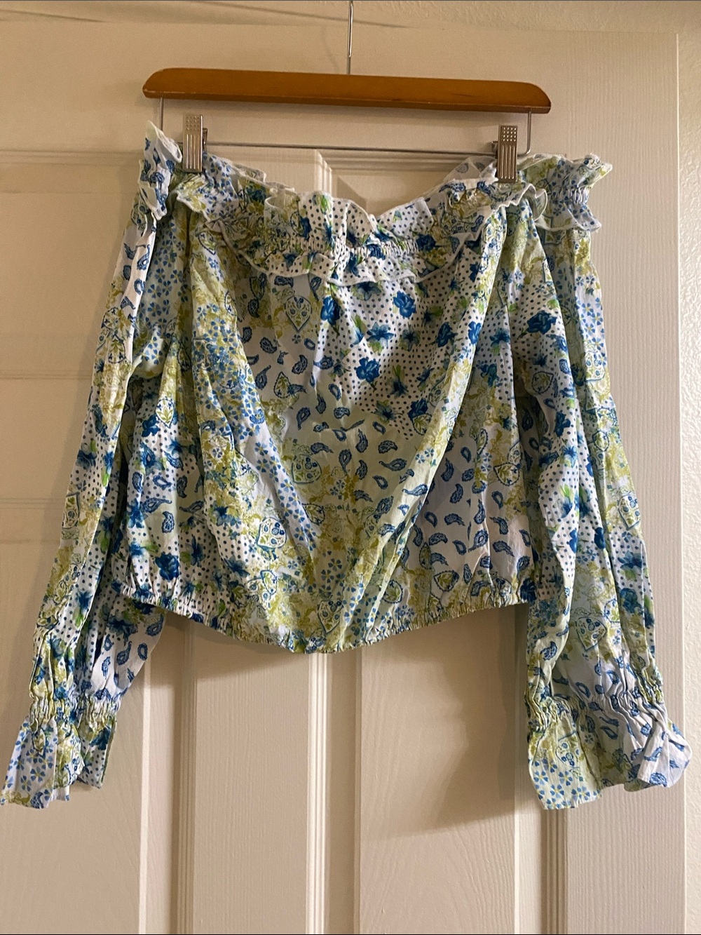 BCBGeneration Off-the-Shoulder Floral Blouse in Blue and Green